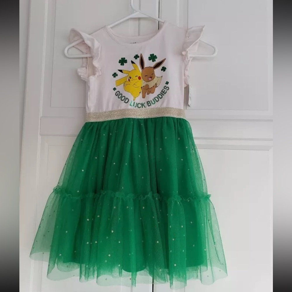 Girls Pokemon Pikachu & Eevee GOOD LUCK BUDDIES Dress - Green Tulle -